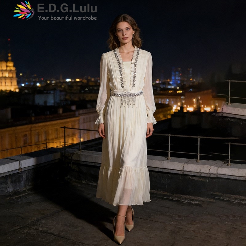 Wedding Lulu - Элегантное белое шифоновое длинное платье EDGLuLu